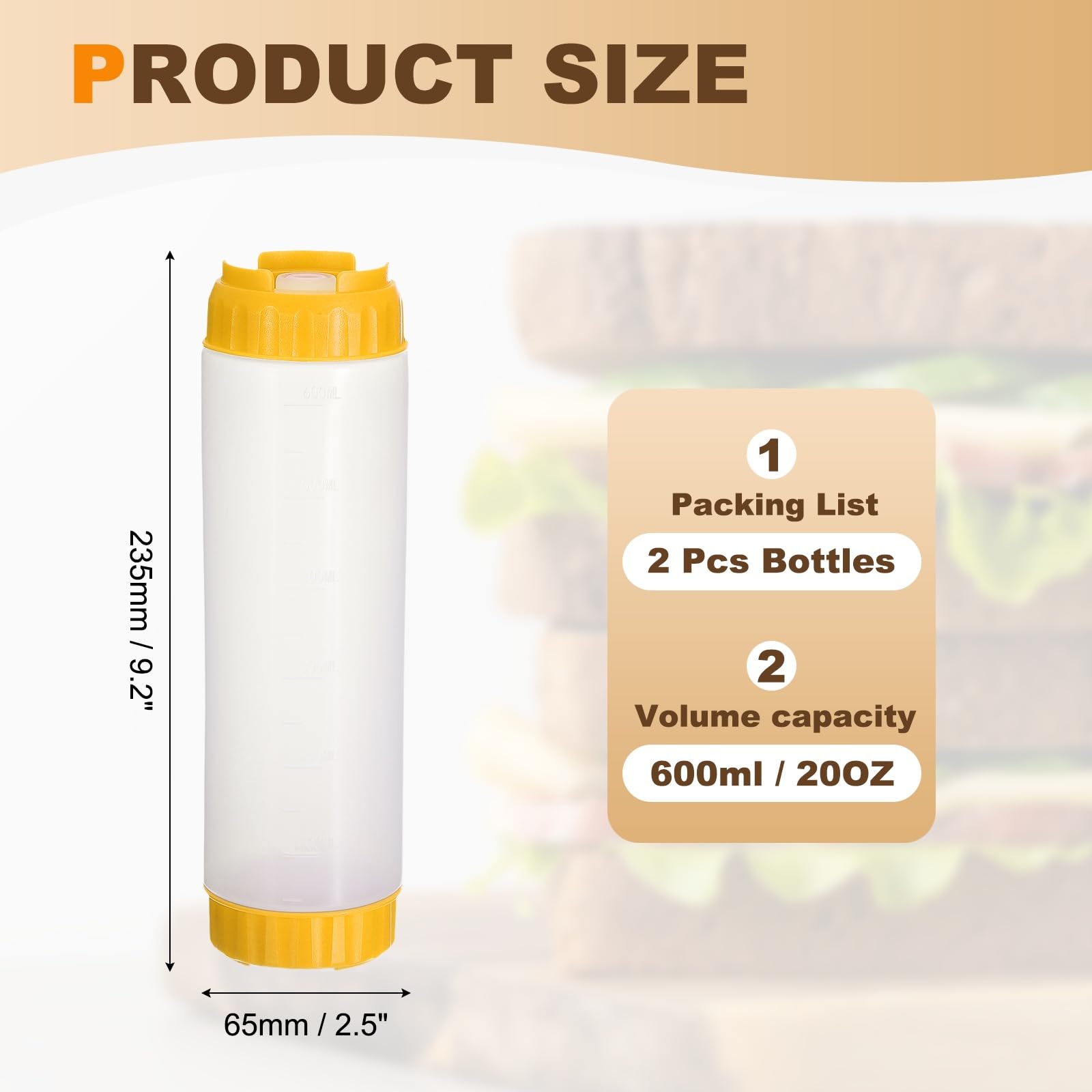 QUARKZMAN Bottigliette per Condimenti per Salse, 2 Pezzi 24 Oz Bottiglie di Plastica Ricaricabili Dispenser Antigoccia per Olio da Cucina BBQ Barbecue Condimenti Miele Sciroppo, Giallo