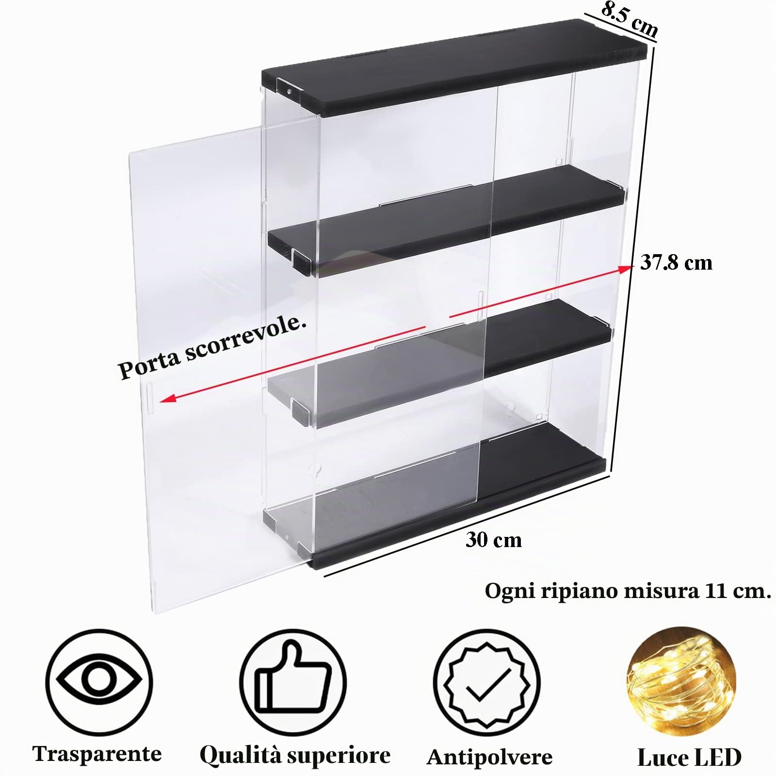 Vetrina Espositiva Espositore da Parete per Collezionismo Miniature, 3 ripiani Teca Plexiglass Trasparente Vetrinetta Soggiorno, 30 x 8,5cm x 37,8cm