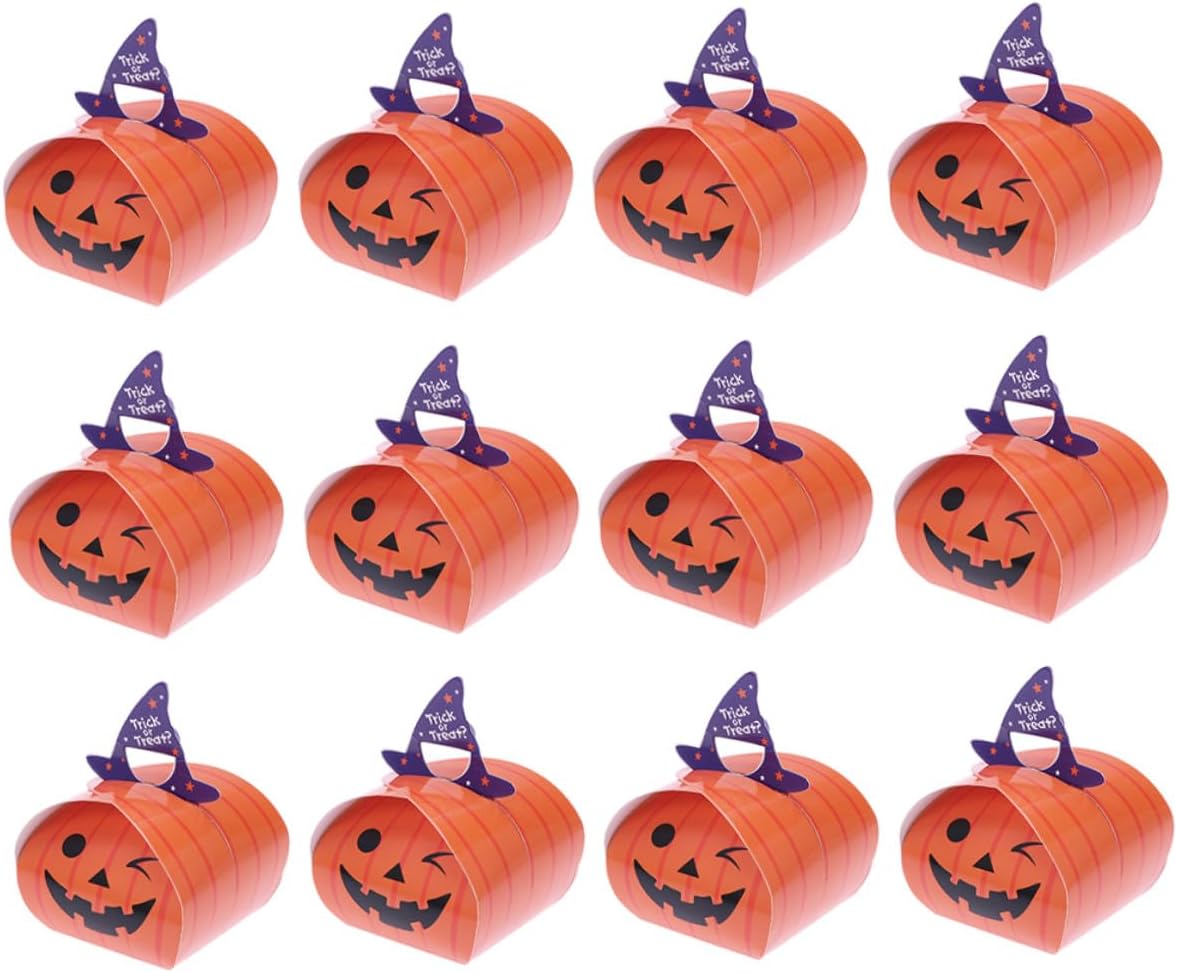 Holibanna 12pcs Orange Pumpkin Halloween Paper Candy Bags Boxes Handheld Treat Pouches Party Favor Containers for Halloween Party Supplies
