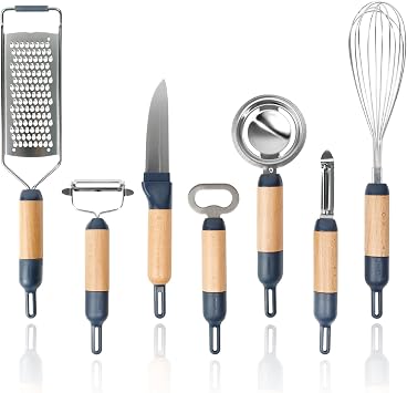 Kitchen Gadget and Utensil Set, 7PCS Stainless Steel Cooking & Baking Accessory with Non Slip Ergonomic Silicone & Wood Handle, Set Includes Knife, Peeler, Grater, Whisk, Egg Tool and Bottle Opener