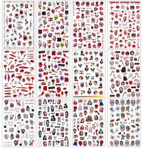 12 STÜCKE Halloween Nail Art Aufkleber Abziehbilder,3D Selbstklebende Nagelabziehbilder Aufkleber DIY Dekorationen, HOINCO Halloween Narbe Spinne Schlange Clown Auge Nagelaufkleber Nageldekorationen Cover