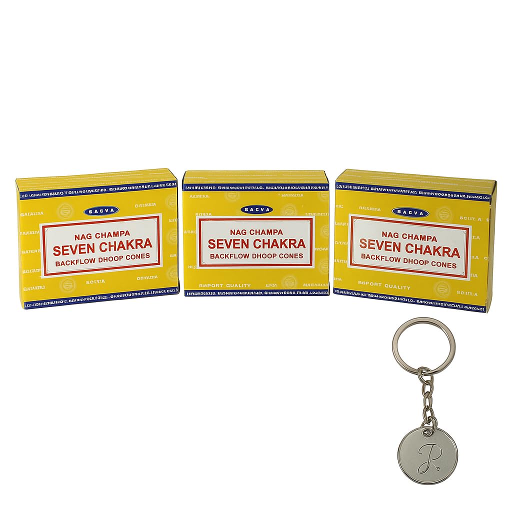 Satya Nag Champa Seven Chakra Backflow Incense Cones – 3 x Boxes | Calming Chakra Aromatherapy | For Meditation, Relaxation & Yoga | Includes JRose Trolley Coin Keychain