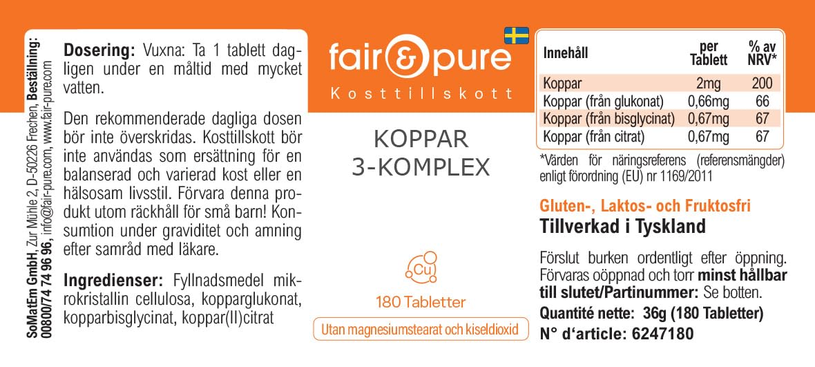 Fair & Pure Complesso di rame a 3 componenti, 180 compresse, 2 mg per compressa, facili da deglutire, integratore alimentare vegano senza additivi, prodotto in Germania
