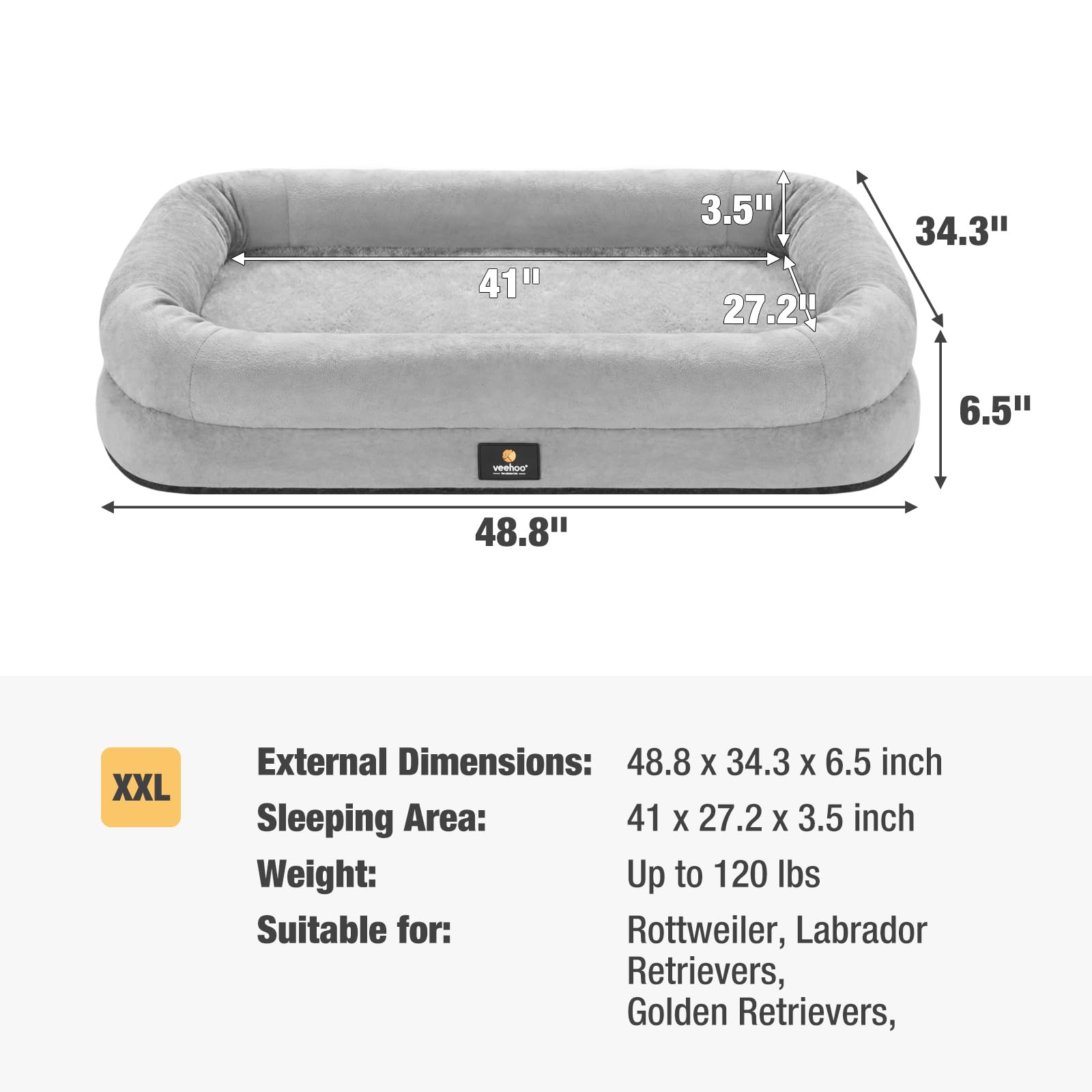 Veehoo XXL Dog Bed for Large Dogs - Orthopedic Dog Bed with Removable Washable Cover, 4-Sides Bolster Extra Large Dog Couch Bed Pet Sofa Bed with Nonslip Bottom, Grey