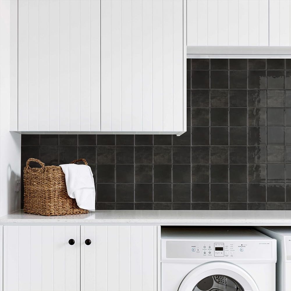 Commomy Più Spessi Piastrelle Adesive Cucina Nero, 10 pezzi | Paraschizzi Cucina Mattonelle Adesive Bagno, Vinile Pannelli Decorative 3D per Parete,30,5 x 30,5 cm
