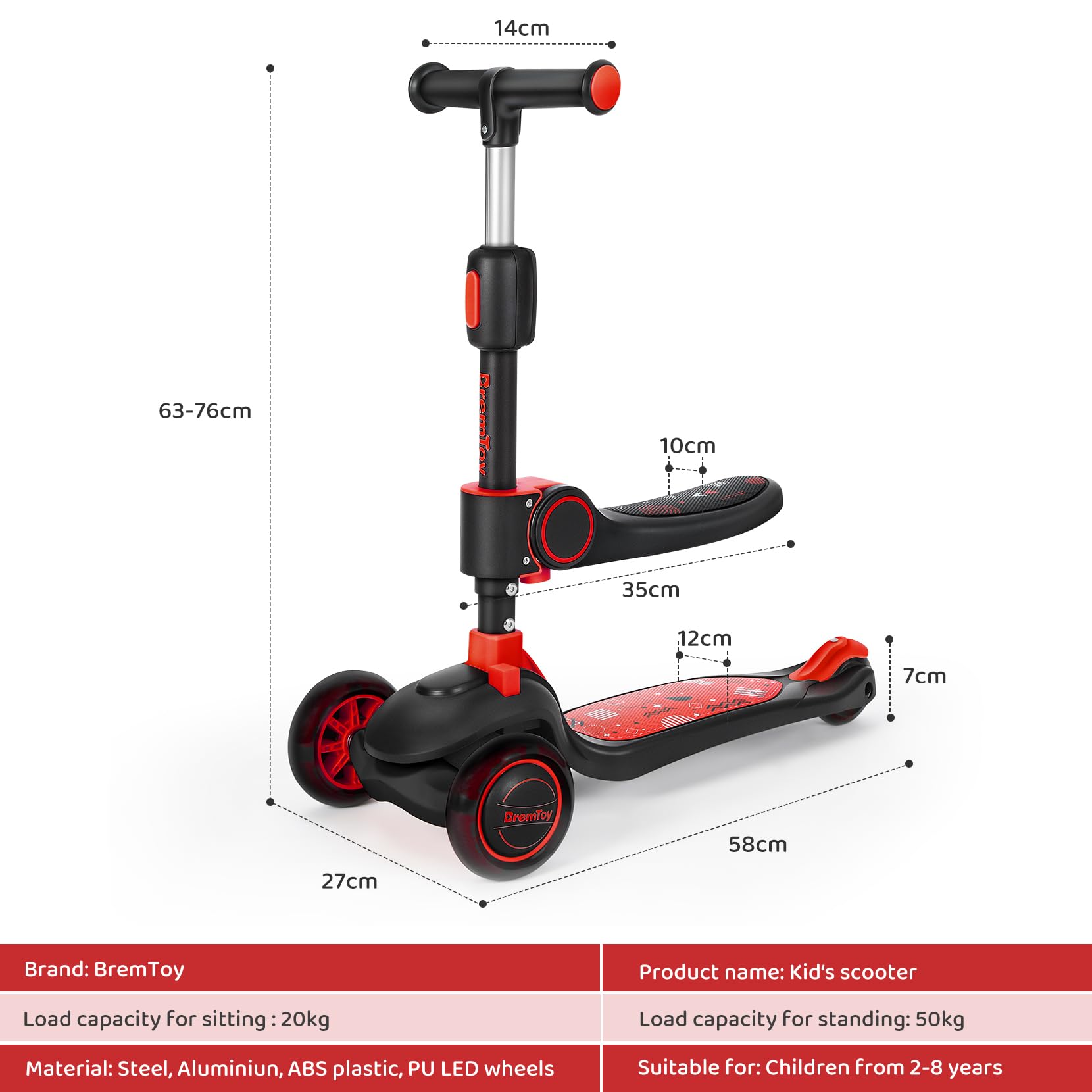 BremToy Patinete para Niños 2 Años con Asiento, Scooter 3 Ruedas LED Parpadeantes, Patinete Niños Plegable con Altura Ajustable de 2 a 8 años, Carga Máxima de 50 kg