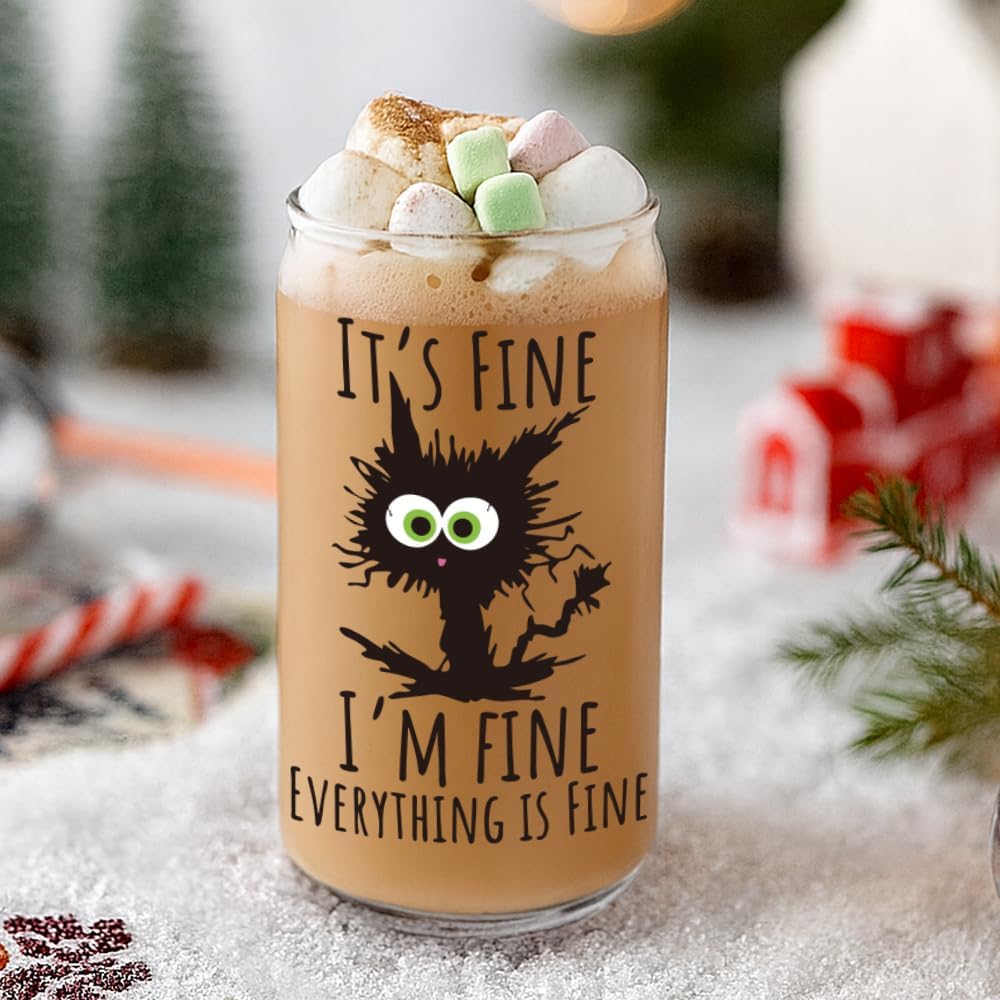 It’s Fine Everything's Fine,Funny Black Cat Gifts for Women Men Coworker Friends Teacher Nurse,Coffe Glass Cup with Lid and Straw Cat Lover Inspiration Gifts for Birthday Christmas Thanksgiving