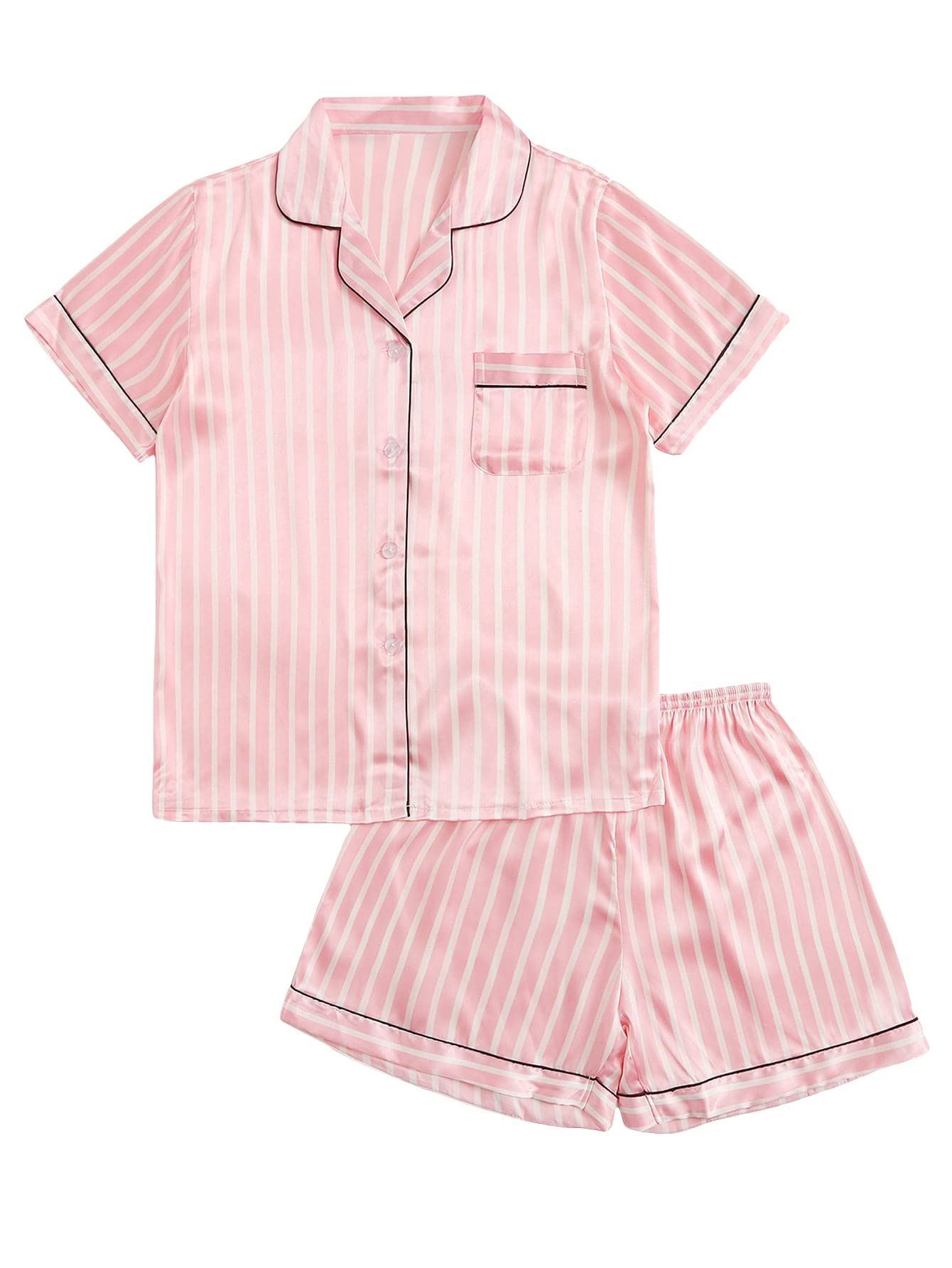 WDIRARA Women's 2 Piece Set Striped Print Lapel Pocket Button Satin Pajama Set