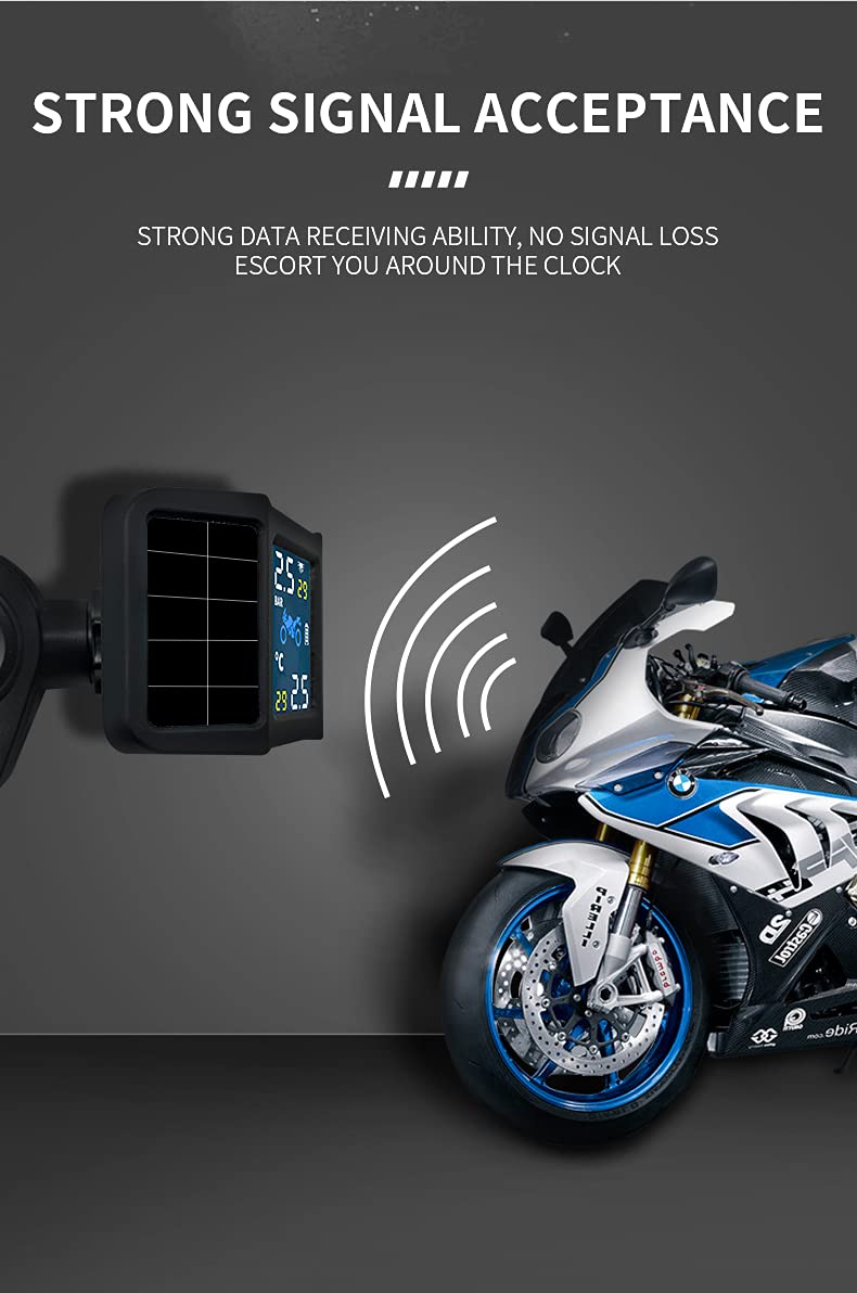 OBEST TPMS Solarowy system kontroli ciśnienia w oponach, wodoodporny miernik ciśnienia w oponach motocyklowych, system alarmowy TPMS dla motocykli z 2 czujnikami, 6 trybów alarmowych, wyświetlacz LCD