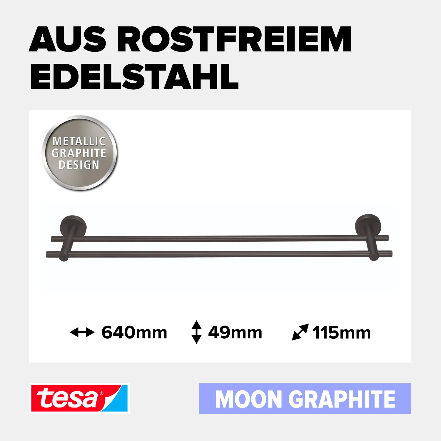 tesa Moon Graphite Doppel-Handtuchstange in gebürstetem Grafit - Selbstklebender Handtuchhalter mit 2 Stangen - aus PVD-beschichtetem Metall - ohne Bohren, inkl. Klebelösung - 640mm x 49mm x 115mm