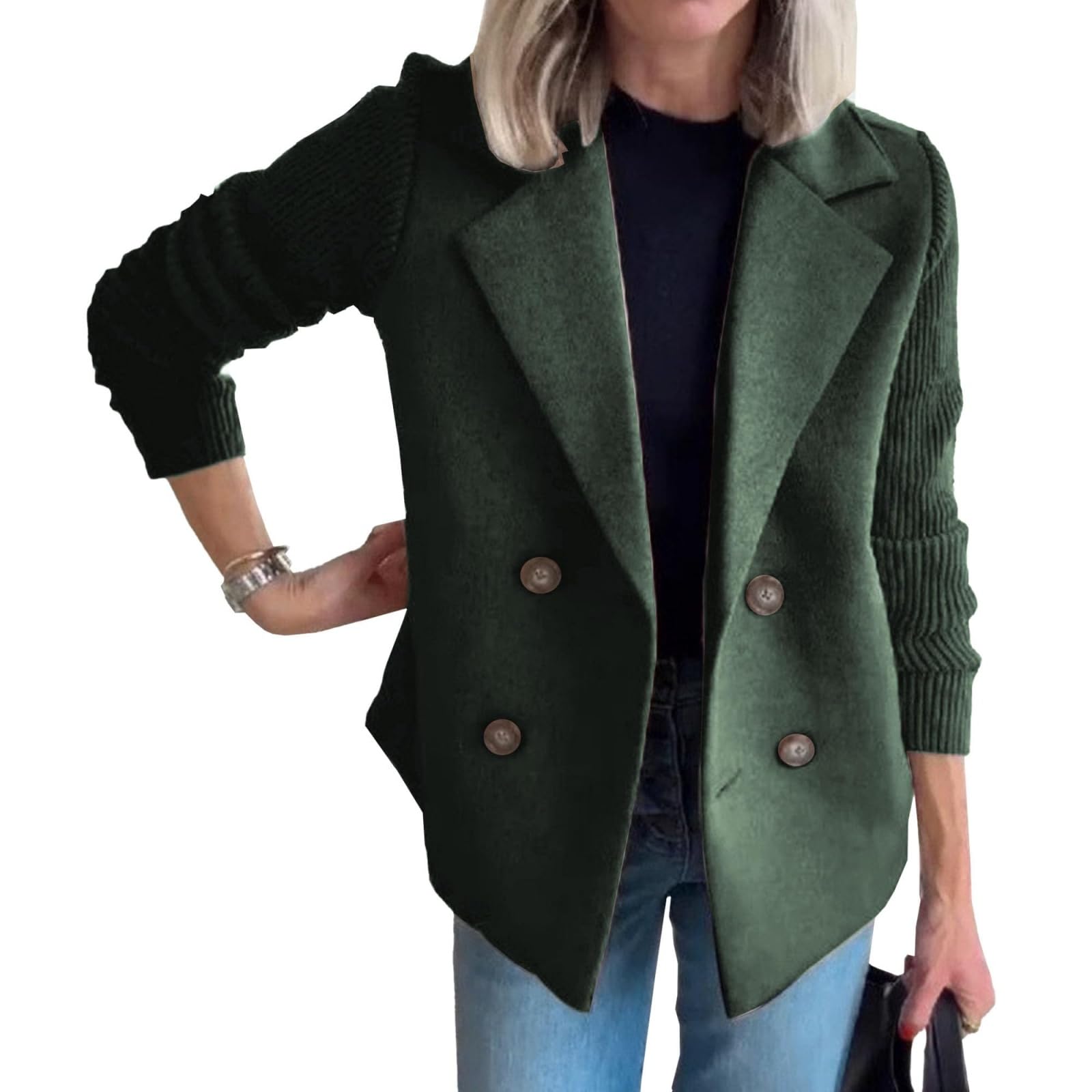 ZWRXW Sweater Blazer Women Knitted Patchwork Sleeve Casual Coat Lapel Button Cropped Blazer Jacket Open Front Cardigan Coats