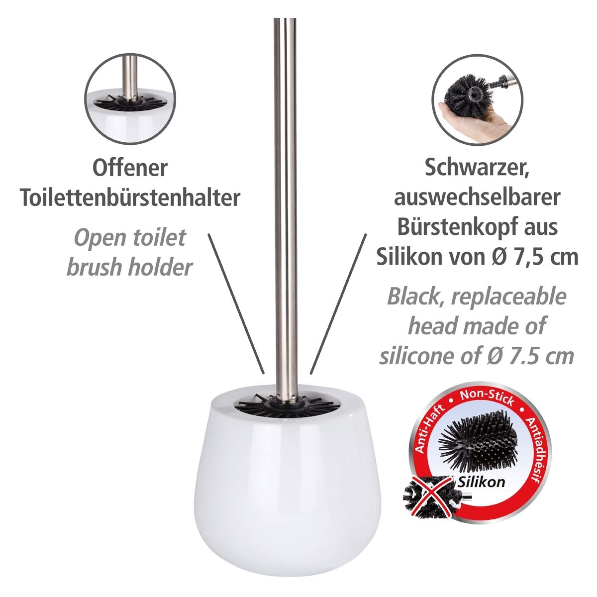 Wenko Costa 21655100 Malta - Scopino per WC in ceramica, colore: Bianco, 8 x 10,8 x 8 cm