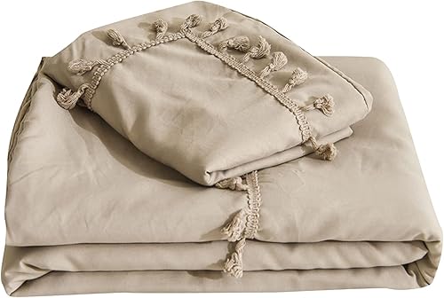 Miniatura 9 de Ropa de cama bohemia de color gris pardo, funda de edredón con flecos y borlas dobles, color liso, 100% microfibra lavada, ligera para todas las