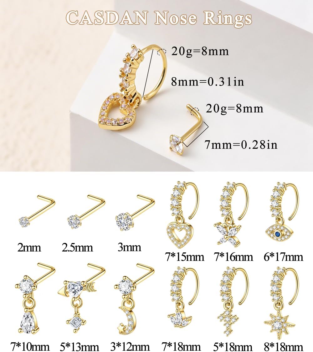 CASDAN 12Pcs 20G Dangle Nose Rings for Women Men L Shaped Nose Studs Dangling Nose Rings Hoops Stainless Steel CZ Heart Moon Star Nose Piercing Jewelry
