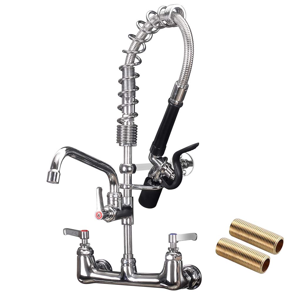 JZBRAINCommercial Faucet with Sprayer 8'' Center 21 Inch Height Commercial Sink Faucet with 1.42GPM Pre Rinse Sprayer and 8" Swing Spout Commercial Wall Mount Faucet