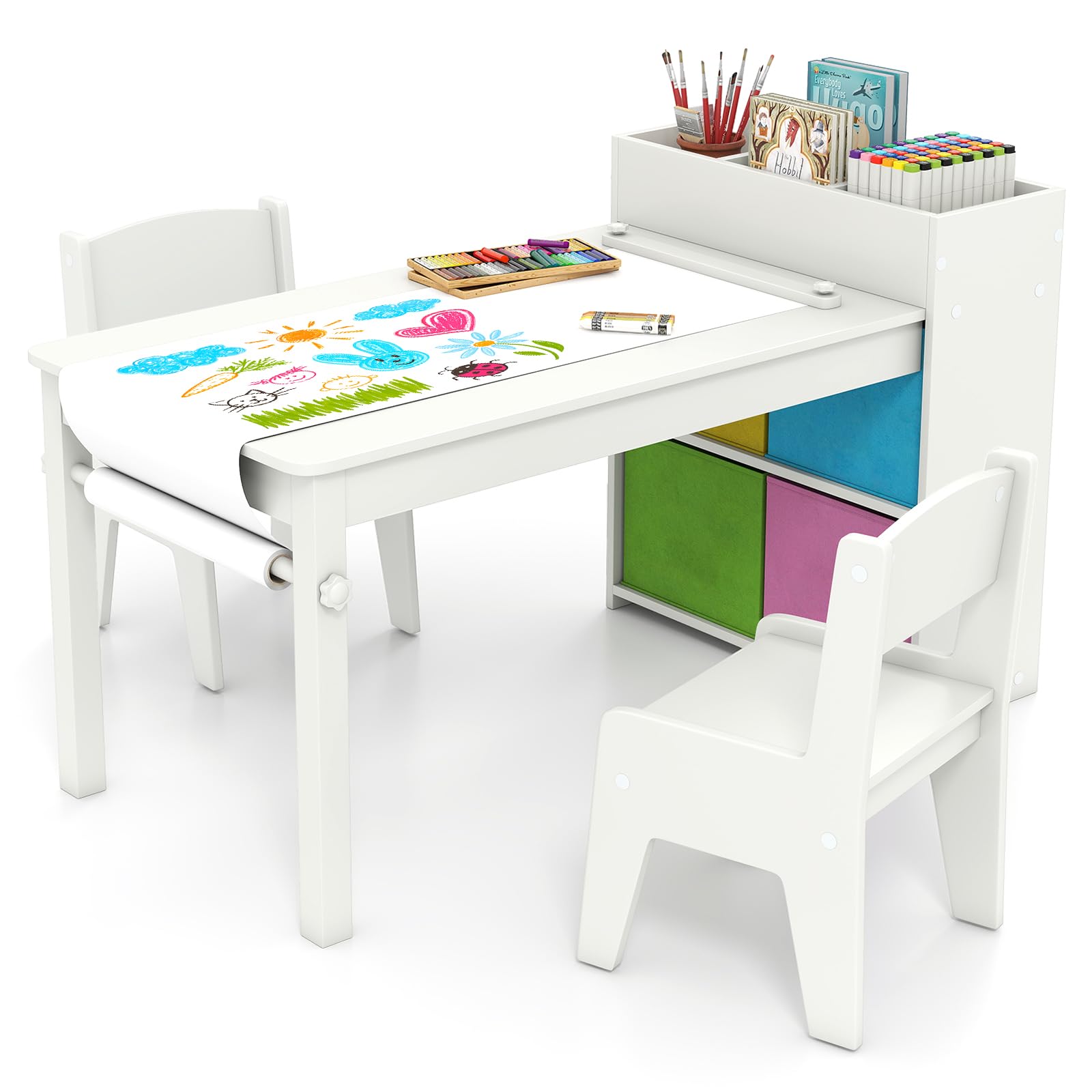 Maxmass Kids Art Table and Chairs, Wooden Children Study Desk with Paper Roll, 4 Fabric Bins, Storage Shelves, Children Activity Table Craft Desk Set for Drawing Writing Learning (White)