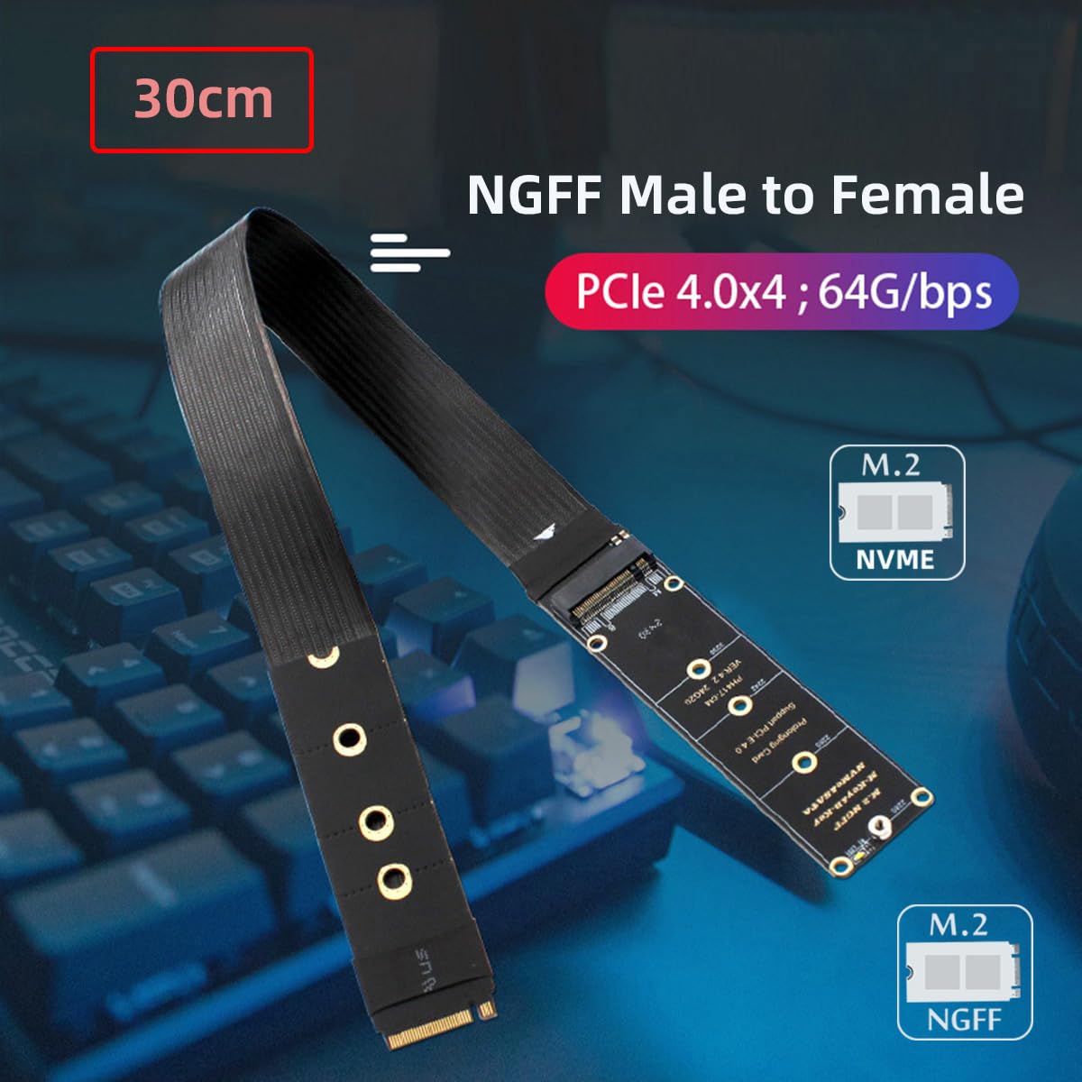 CY Adattatore NGFF M-Key NVME maschio a femmina estensione cavo PCI Express 30 cm PCI-E 4.0 per scheda madre SSD 2230/2242/2260/2280