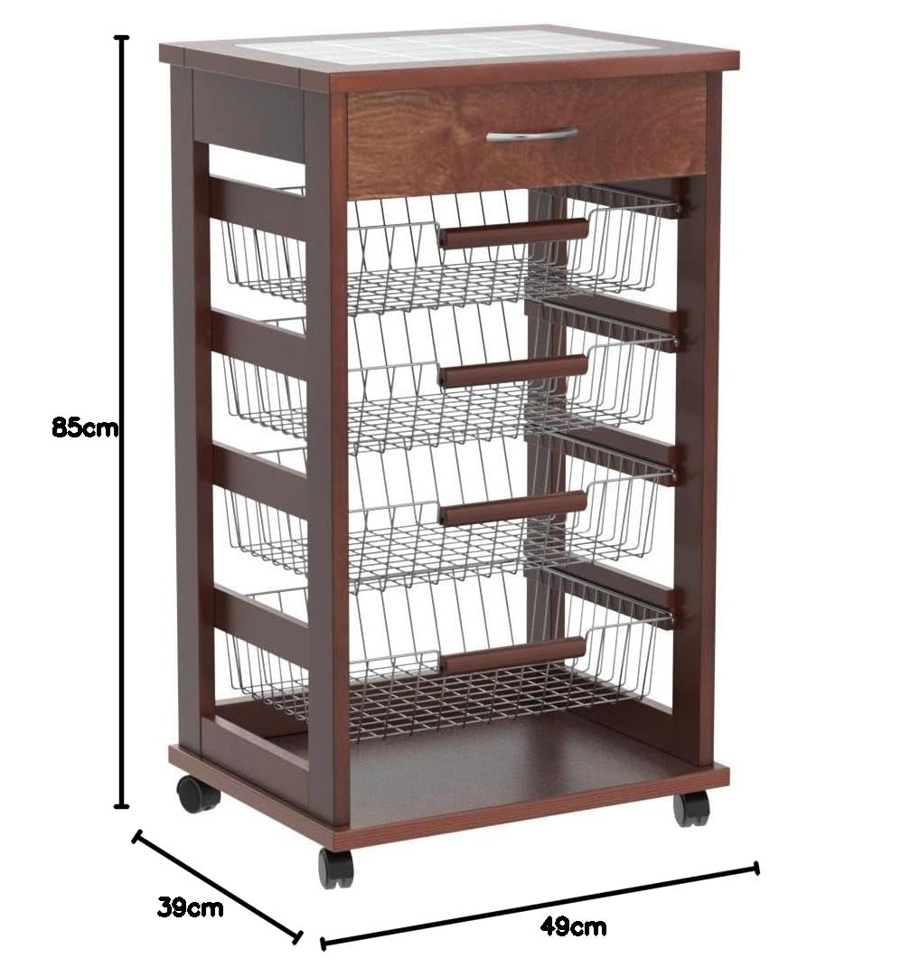 CARRELLO PORTAFRUTTA VESUVIO NOCE CON CASSETTO MATTONELLE DECO LEGNO MASSELLO CASSETTI 380052