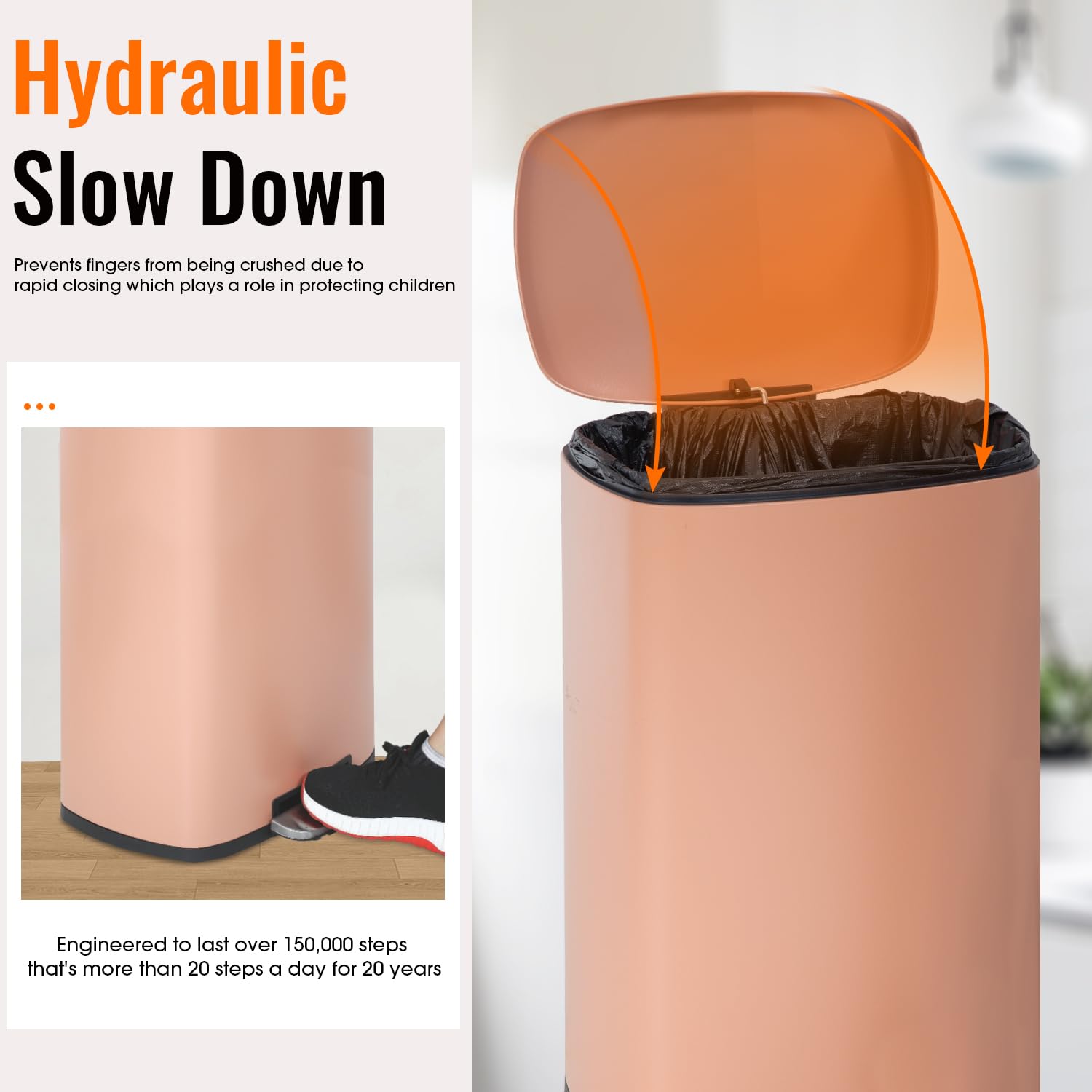 FDW Kitchen Trash Can with Lid for Office Bedroom Bathroom Step Trash Bin Fingerprint-Proof Brushed Stainless Steel Garbage Can 13 Gallon / 50 Liter, Pink