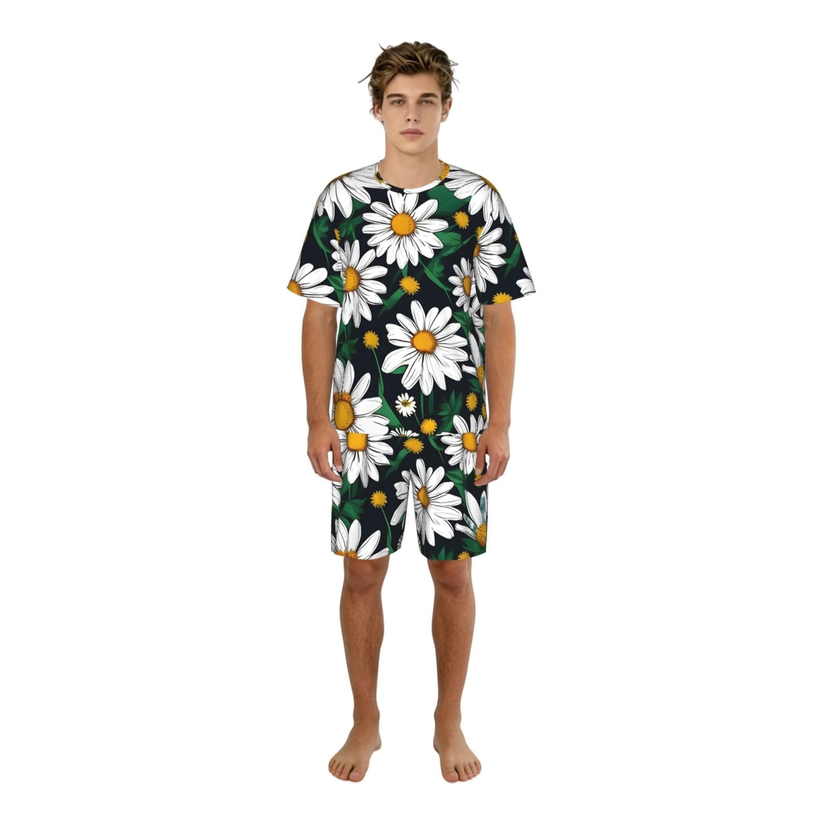 Conjunto de pijama clásico con estampado de flores y margaritas para hombre, pantalones cortos de pijama suaves para hombre, perfecto para las noches de verano