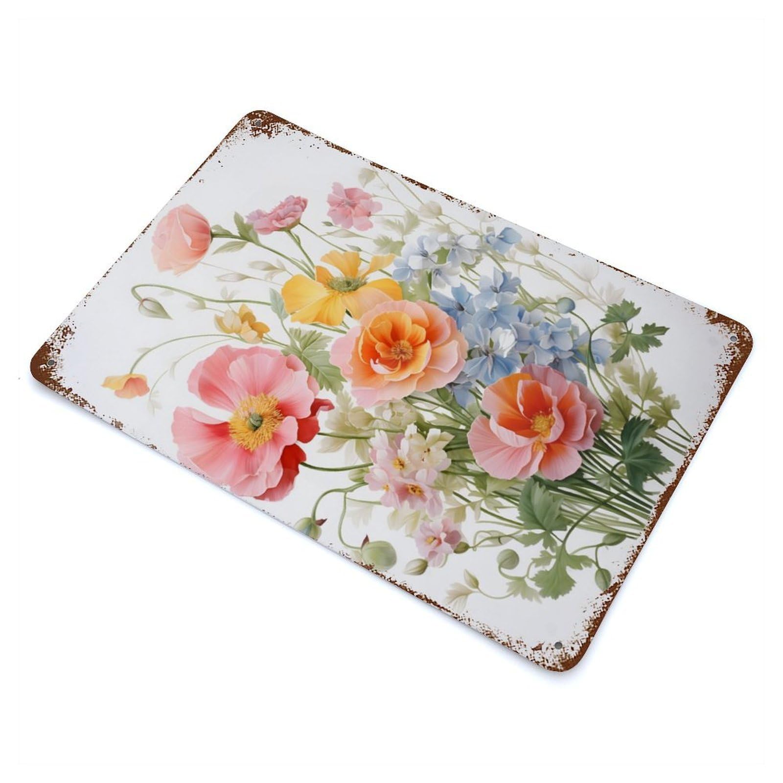Wild Flower Pink Blue Red Vintage Wall Sign 11.8"x7.9", Rust Effect Metal Decor for Living Room, Hallway And Home Decor