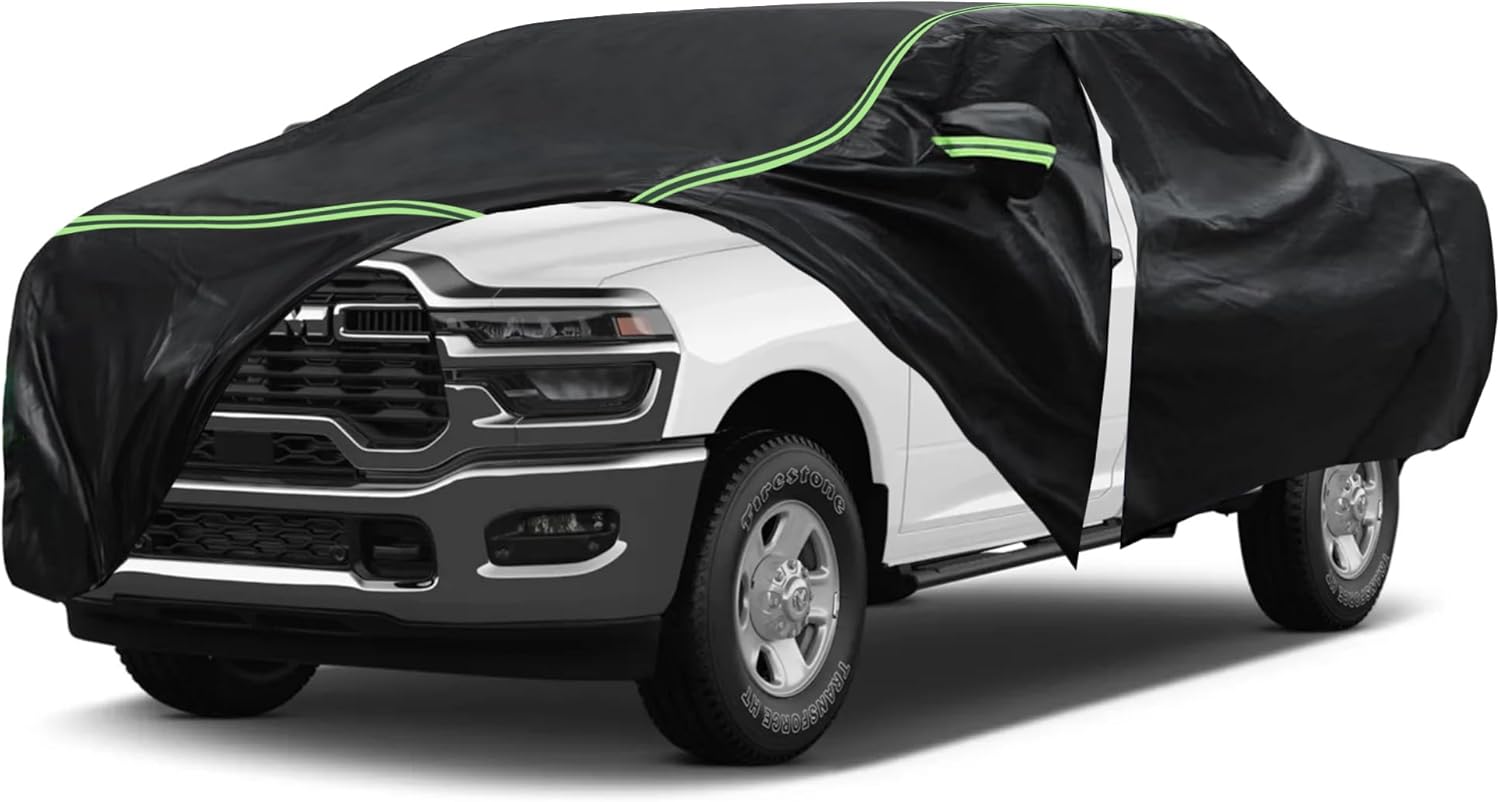 Car Cover for Ram 2500/3500 Pickup Truck 2003-2023 – Durable 210D Oxford Fabric, Waterproof & UV-Resistant, All-Weather Protection with Windproof Straps and Reflective Details