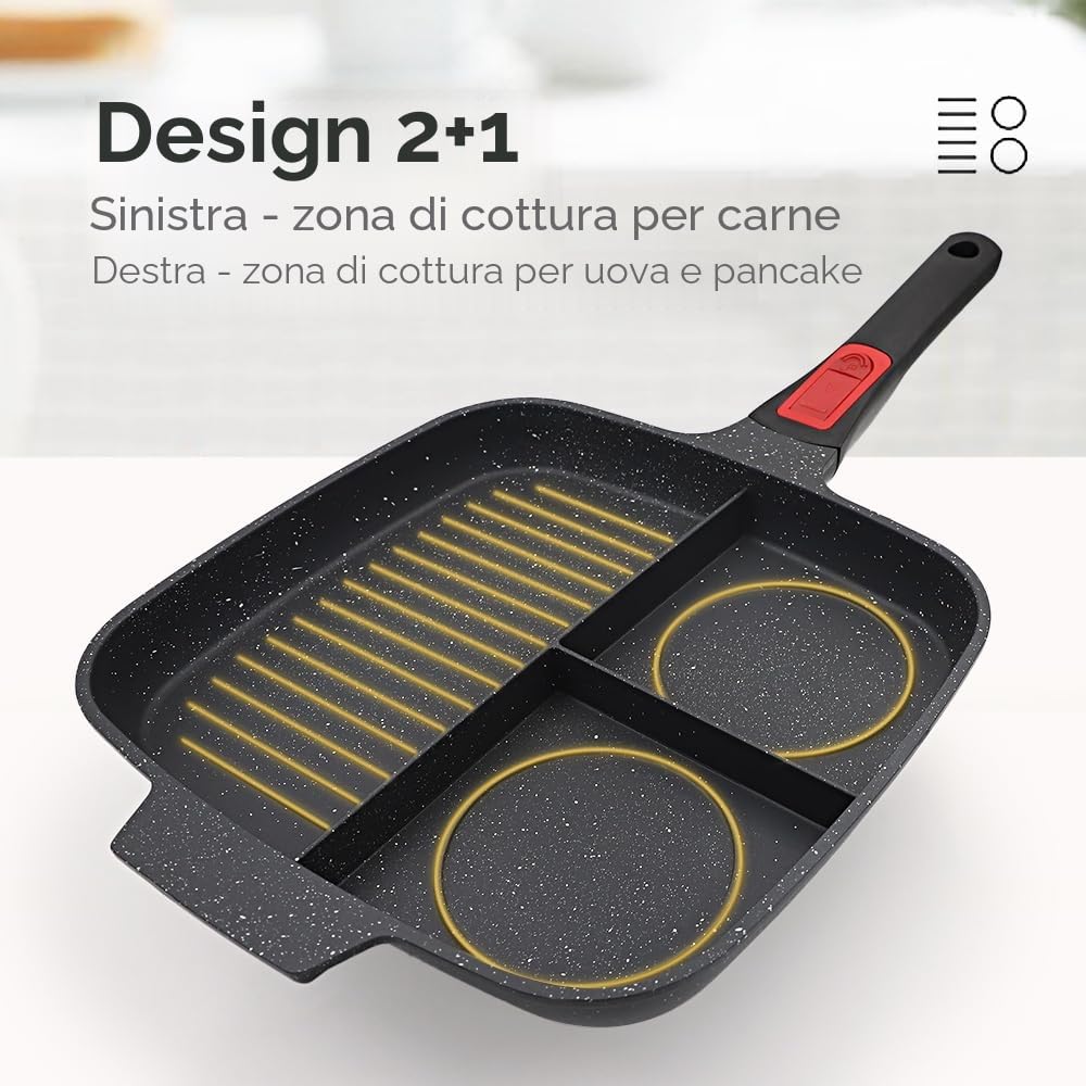 Bistecchiera Antiaderente con Manico Rimovibile e Coperchio, Padella Grill Quadrata 3 Sezioni, Induzione Compatibile 28 x 24 cm - Nero