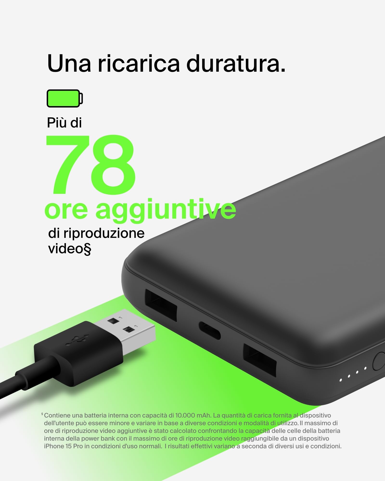 Belkin Caricabatterie portatile USB-C 20K, power bank 20000mAh con ingresso/uscita Type-C, 2 porte USB-A e cavo da USB-C a USB-A incluso per iPhone, Galaxy, iPad, Pixel, AirPods - Nero