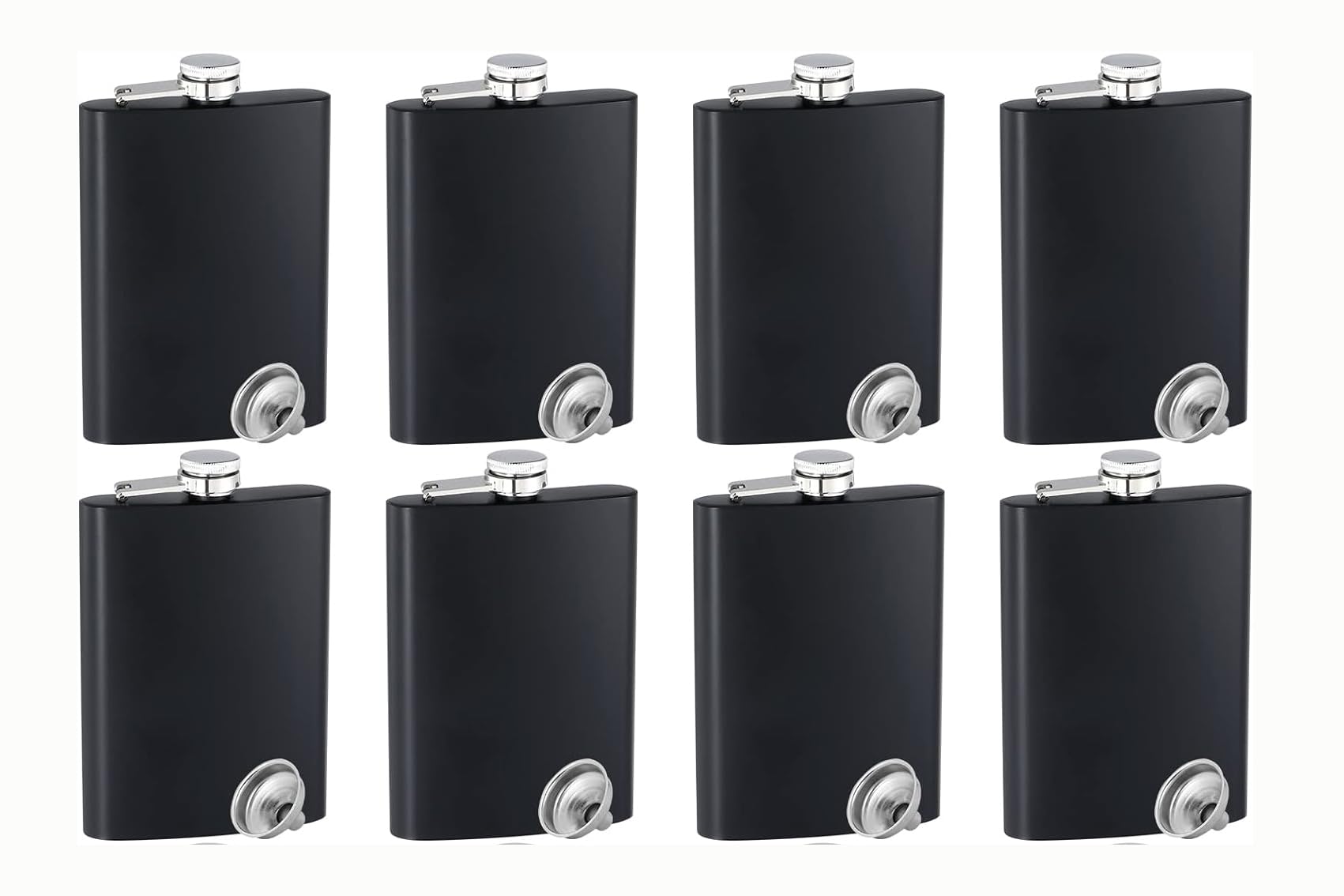 Black Flask Stainless Steel with Funnel,8 Oz, Set of 8