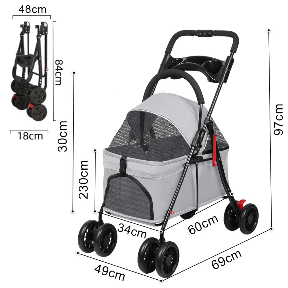 OHMG Poussette Chien 3-en-1, Poussette pour Chat Pliable, Panier de Rangement, Fenêtre en Filet, pour Petits Chiens et Chats, Jusqu'à 25 kg, 4 PCS Roues Résistant à l'Usure à 360°