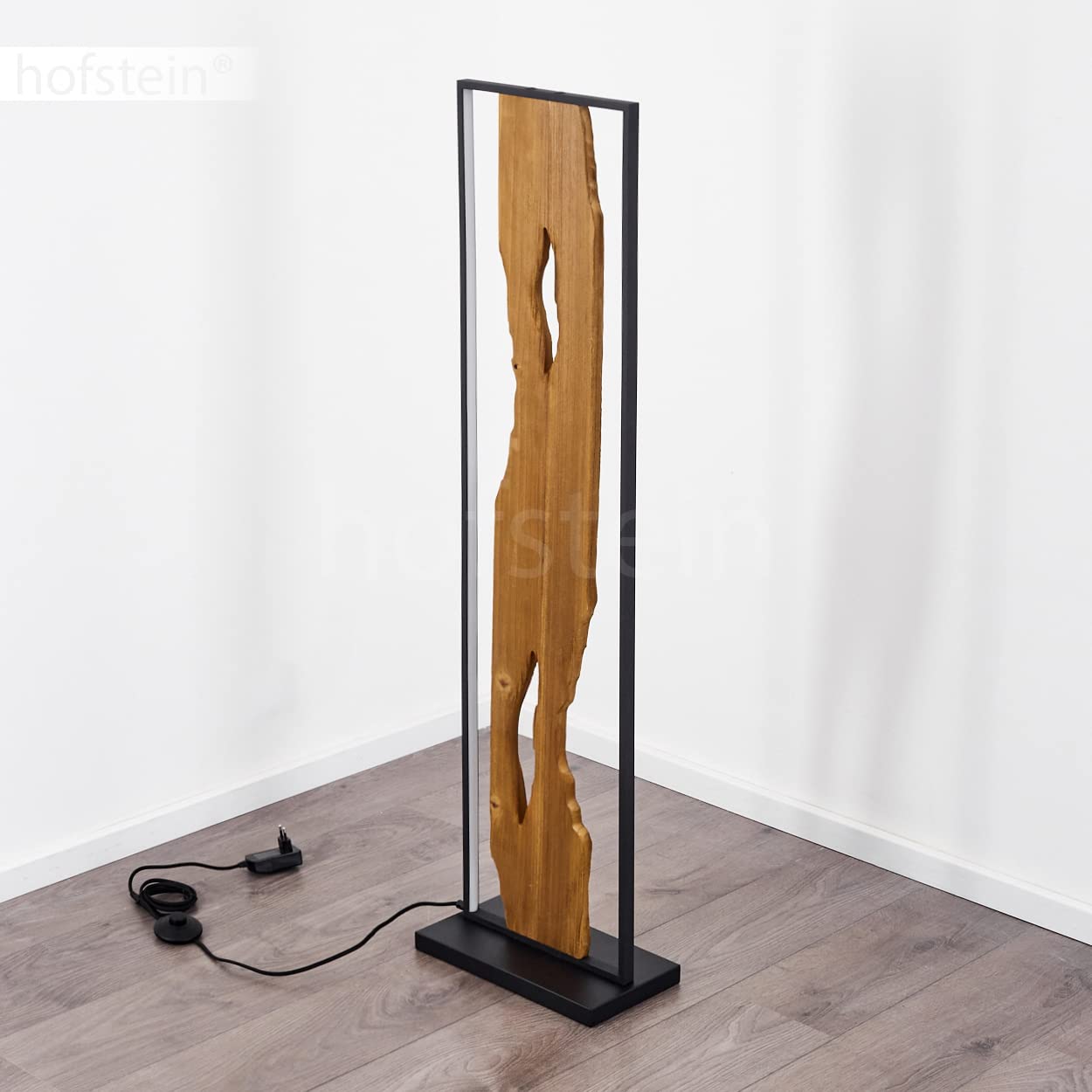 hofstein Lámpara de pie LED Nevogilde, lámpara de pie de metal/madera/plástico en negro/latón/blanco, lámpara de pie de diseño vintage con interruptor de pie y efecto de luz, 20 vatios (incl.)
