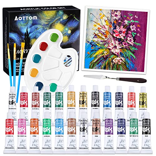 Aottom Acrylic Paint Set Painting Supplies with 3 Brushes, 1 Palette, 24 Colors - Acrylic Paints for Canvas, Wood, Ceramic, Windows, Painting Set for Painting Set for Kids Adults, Beginner & Artists Aottom Acrylic Paint Set Painting Supplies with 3 Brushes, 1 Palette, 24 Colors - Acrylic Paints for Canvas, Wood, Ceramic, Windows, Painting Set for Painting Set for Kids Adults, Beginner & Artists