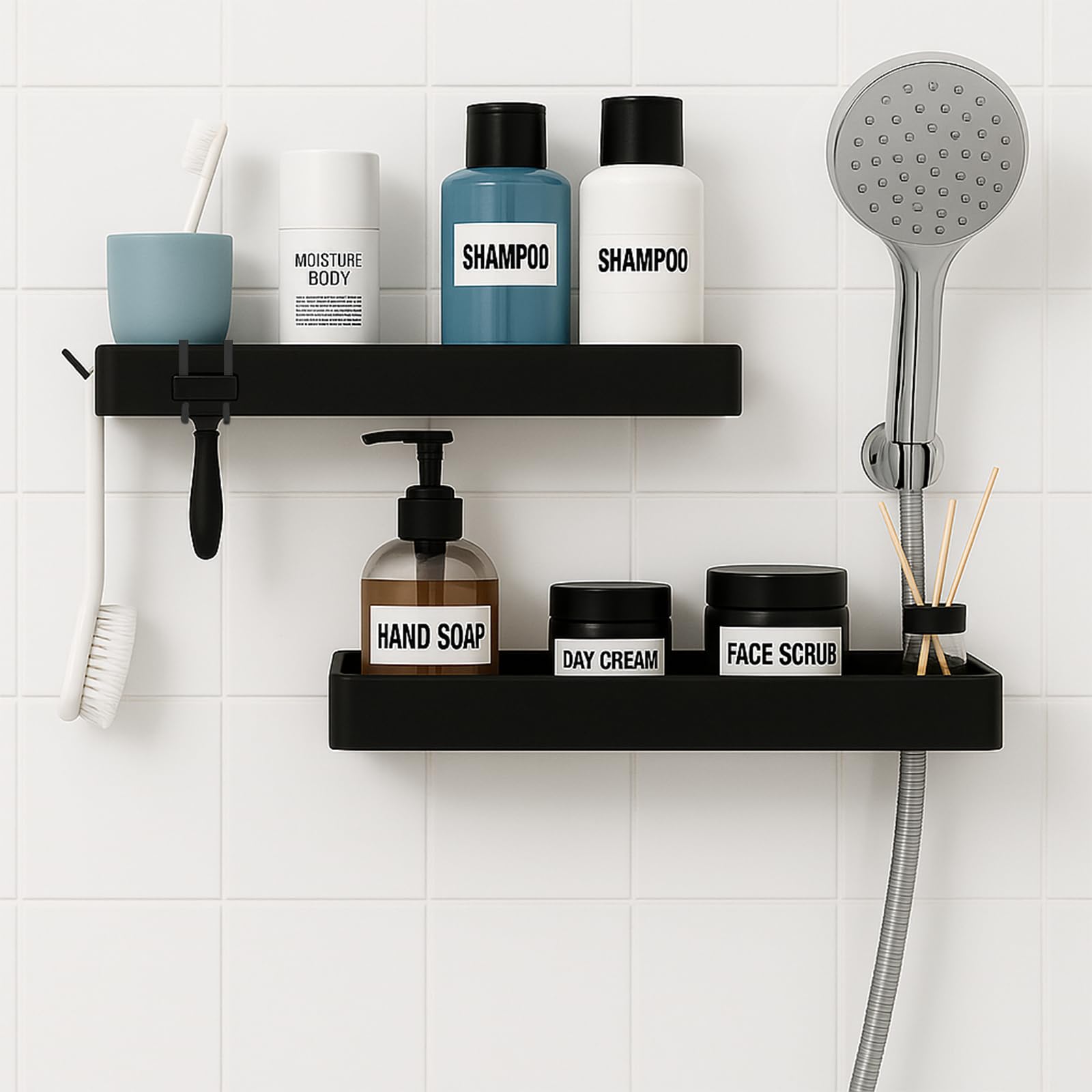 CRTEPST Mensola Per Doccia Senza Fori, 2 Pezzi In Acciaio Inox Nero, Con Ganci, Autoadesiva. Organizer Per Shampoo E Bagno. Facile Da Montare. - 5