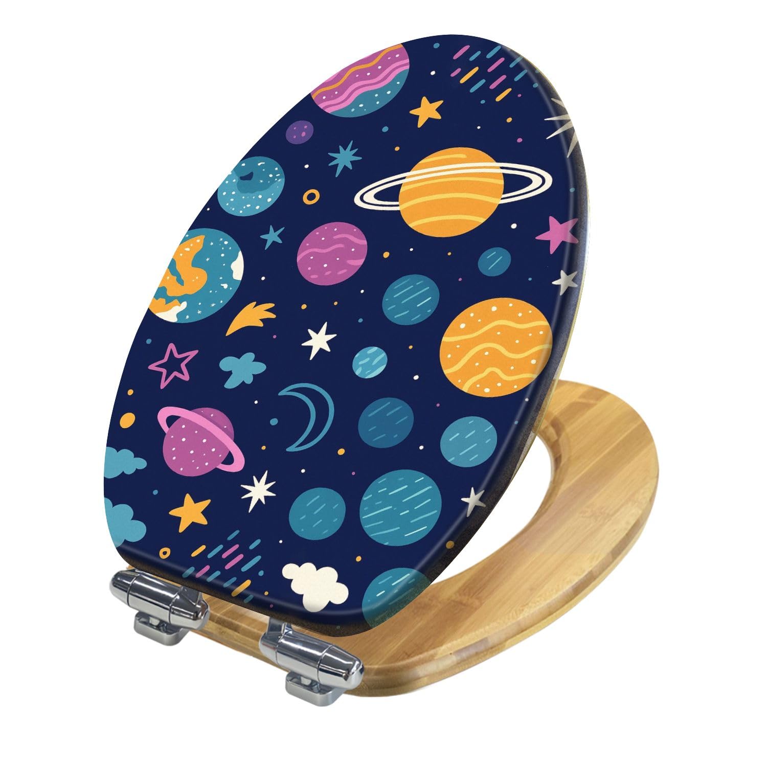Copriwater decorativo allungato in legno con pianeti e stelle cosmiche luminose, texture senza cuciture, facile installazione, chiusura silenziosa, cerniere a sgancio rapido, decorazione per il bagno.