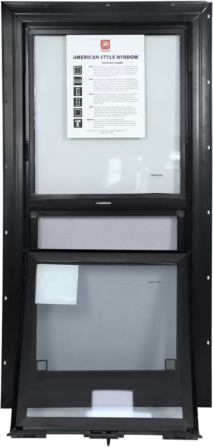 18" x 24" Vinyl Single Hung Window with Tilt,Household Windows with Double-Pane Tempered Glass and Screen, Windproof Shed Windows for House, Mobile Home,Basement,Playhouse (Black)