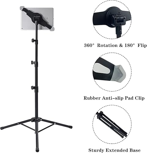 Miniatura 4 de Raking Soporte de trípode para iPad, altura ajustable, soporte para iPad de piso y soporte para iPad con soporte giratorio de 360 para tableta para