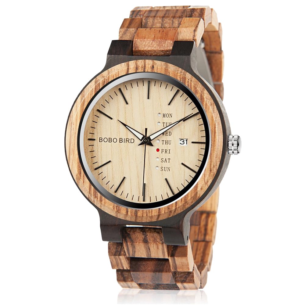BOBO BIRD Reloj analógico de madera para hombre, de cuarzo, con visualización semanal, ligero, hecho a mano, reloj de pulsera para hombre