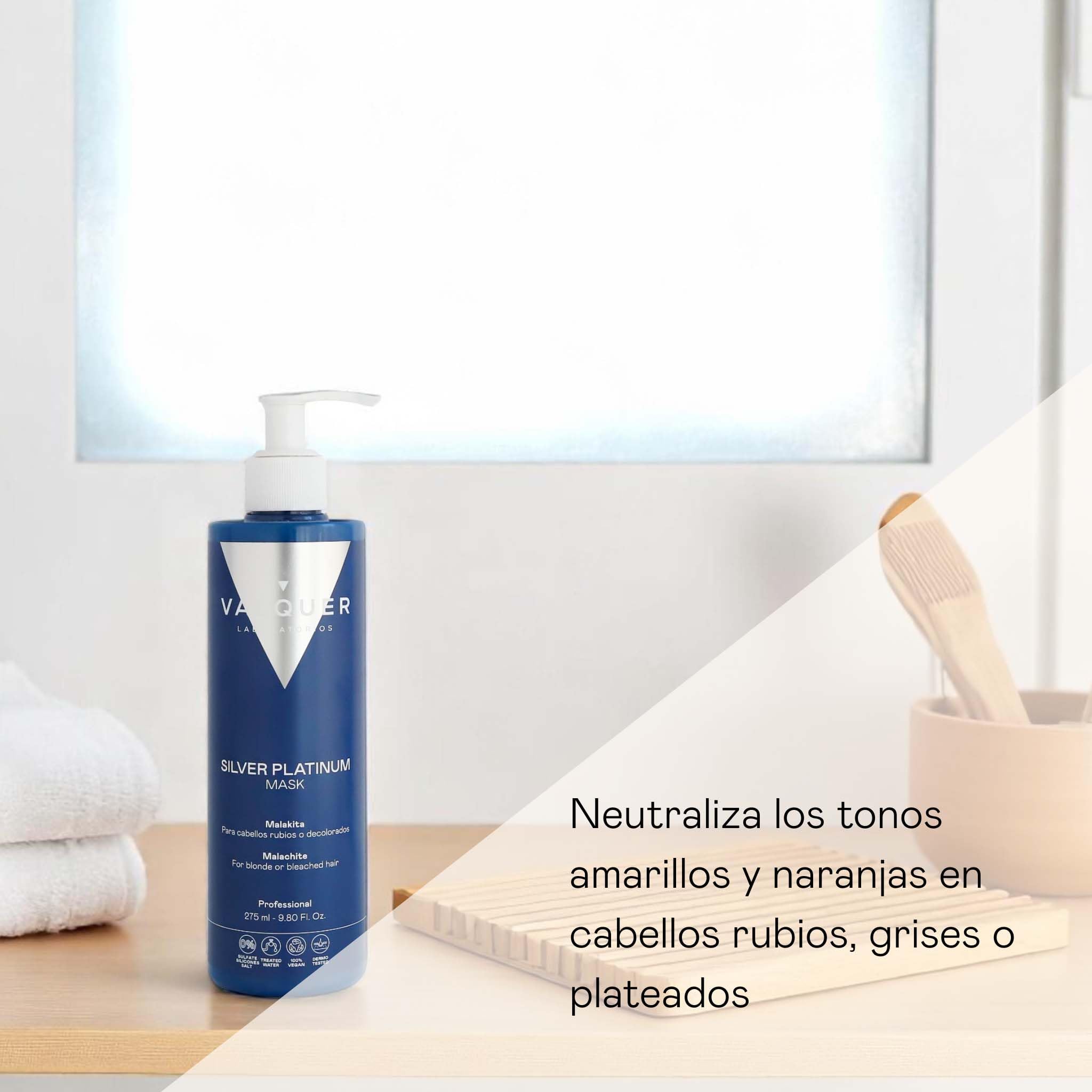VALQUER Silver Platinum Mascarilla Matizadora Violeta | Repara el Cabello Rubio, Blanco, Gris o Decolorado | Neutraliza Tonos Amarillos y Anaranjados con Malakita y Pantenol | Vegano | 275 ml