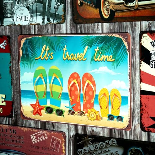 Image of Decorative Retro Metal Signs Wall Plate - 12x8 Inch (It's Travel Time) | Weatherproof Vintage Metal Sign Plate for Cafe, Home, Bar, Garage | Decorative Wall Hanging Sign Board