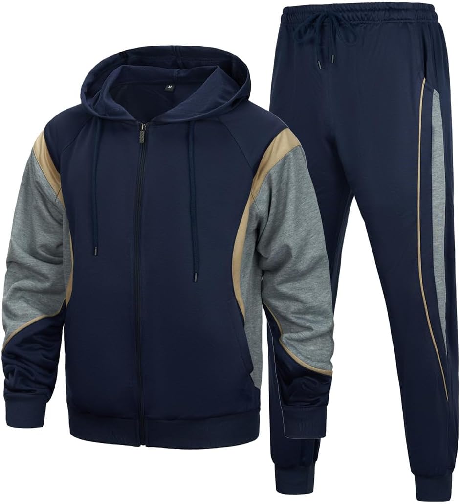AOTORR Men’s Hooded Athletic Tracksuit Sweatsuit Long Sleeve Full-Zip Jogging Sweatpants 2 Piece Patchwork Sportsuits