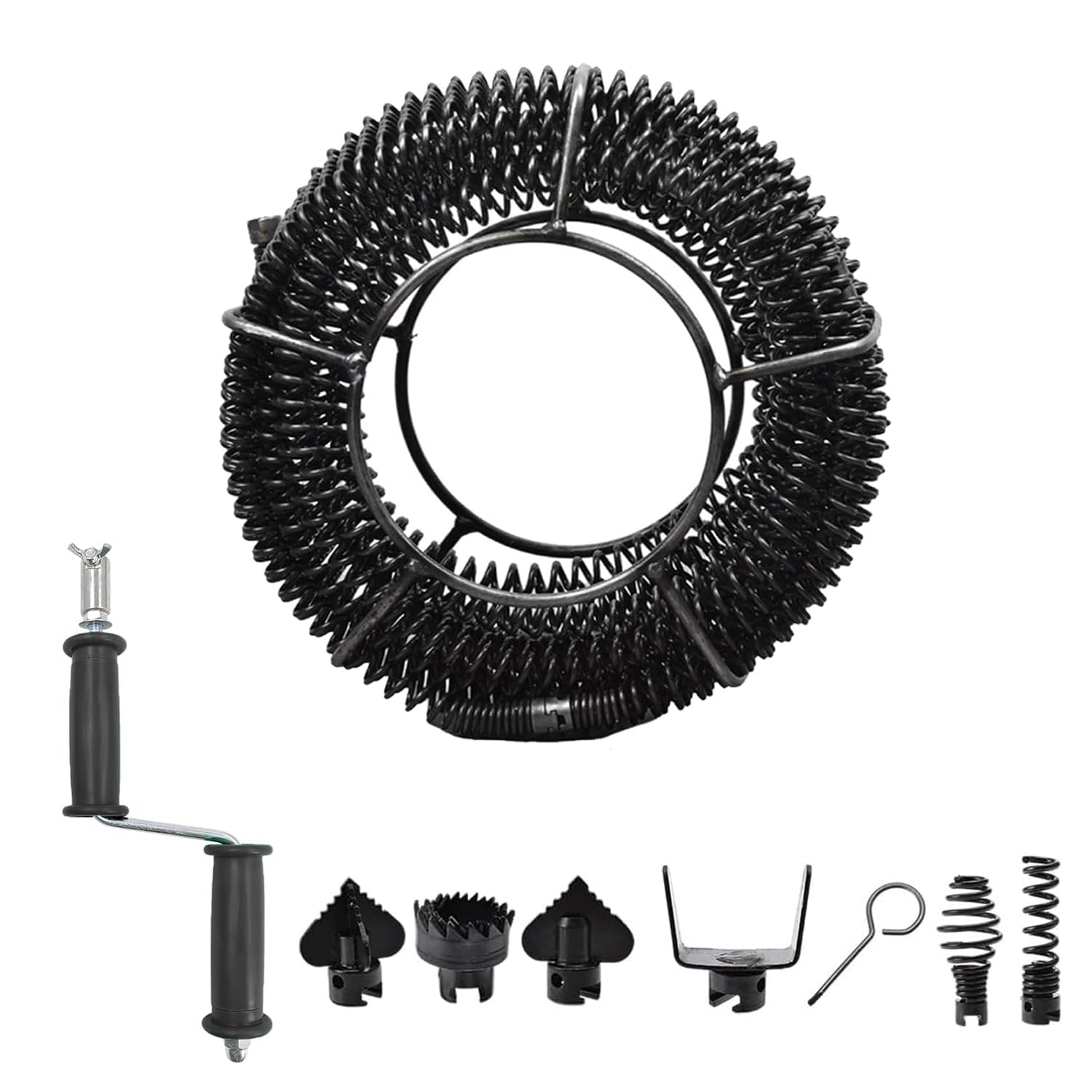 21m Rohrreinigungsspirale, Abflussreiniger Spirale, Spirale Abfluss Rohrreinigung mit 8 Stück Abflussreiniger Schneidkopf und 1Manuellen Adaptern