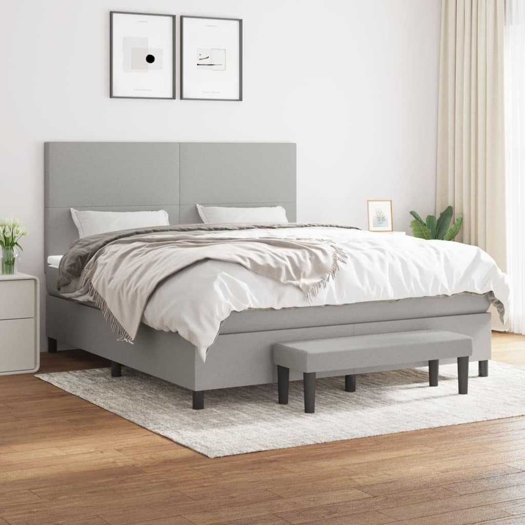 Łóżko kontynentalne z materacem, jasnoszare, 160 x 200 cm, z materiału, łóżko tapicerowane z zagłówkiem o regulowanej wysokości, rdzeń ze sprężyn kieszeniowych, nadaje się do stelaży