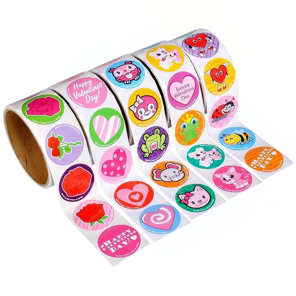 5 Rolls ~ Valentine Stickers ~ 100 Stickers Per Roll ~ 500 Stickers Total ~ Approx. 1.5" ~ New / Shrink-wrapped ~ Hearts, Animals, More