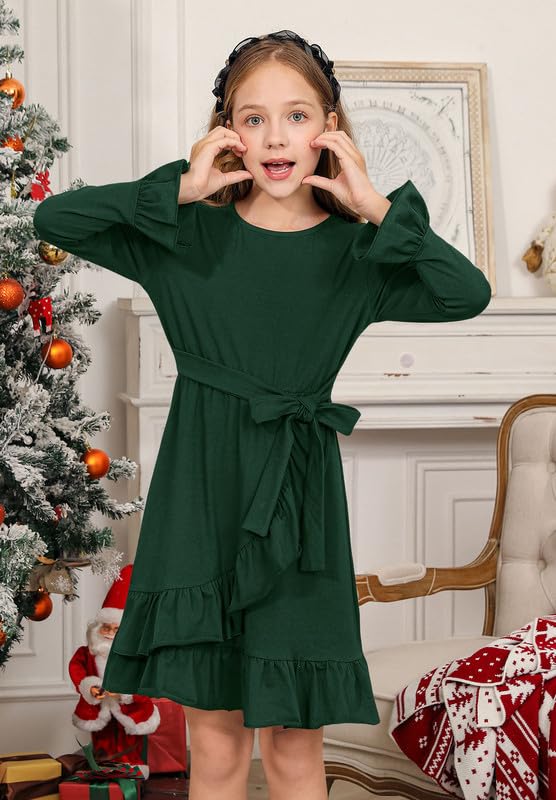 BesserBay Girls Ruffle Trim Bell Sleeve Tie Waist Fall Midi Fall Dress 4-14 Years3