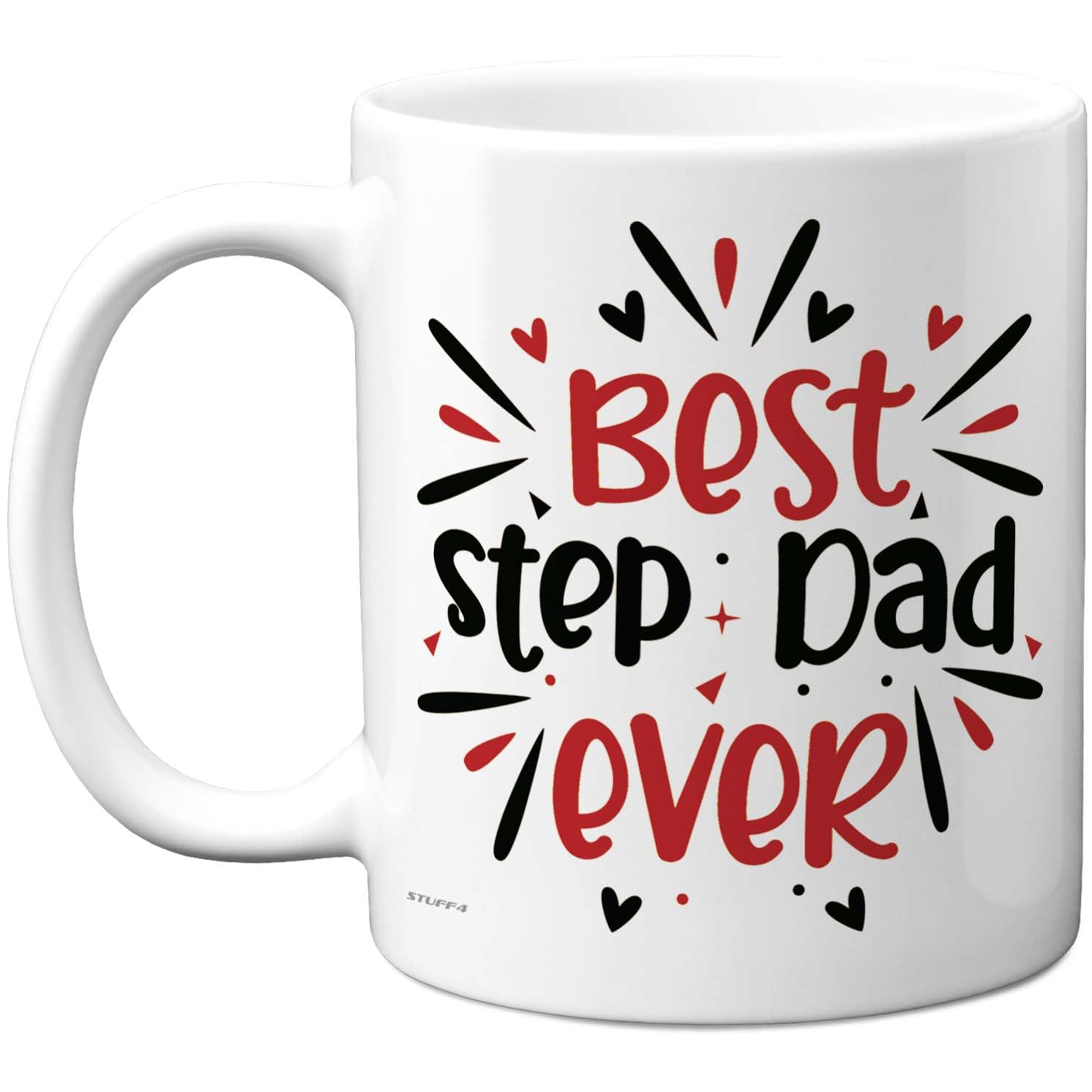 Stuff4 Best Step Dad Mug - Bold Text with Red Hearts and Stars - Cheerful Father's Day Appreciation - 11oz Ceramic Gloss Mug
