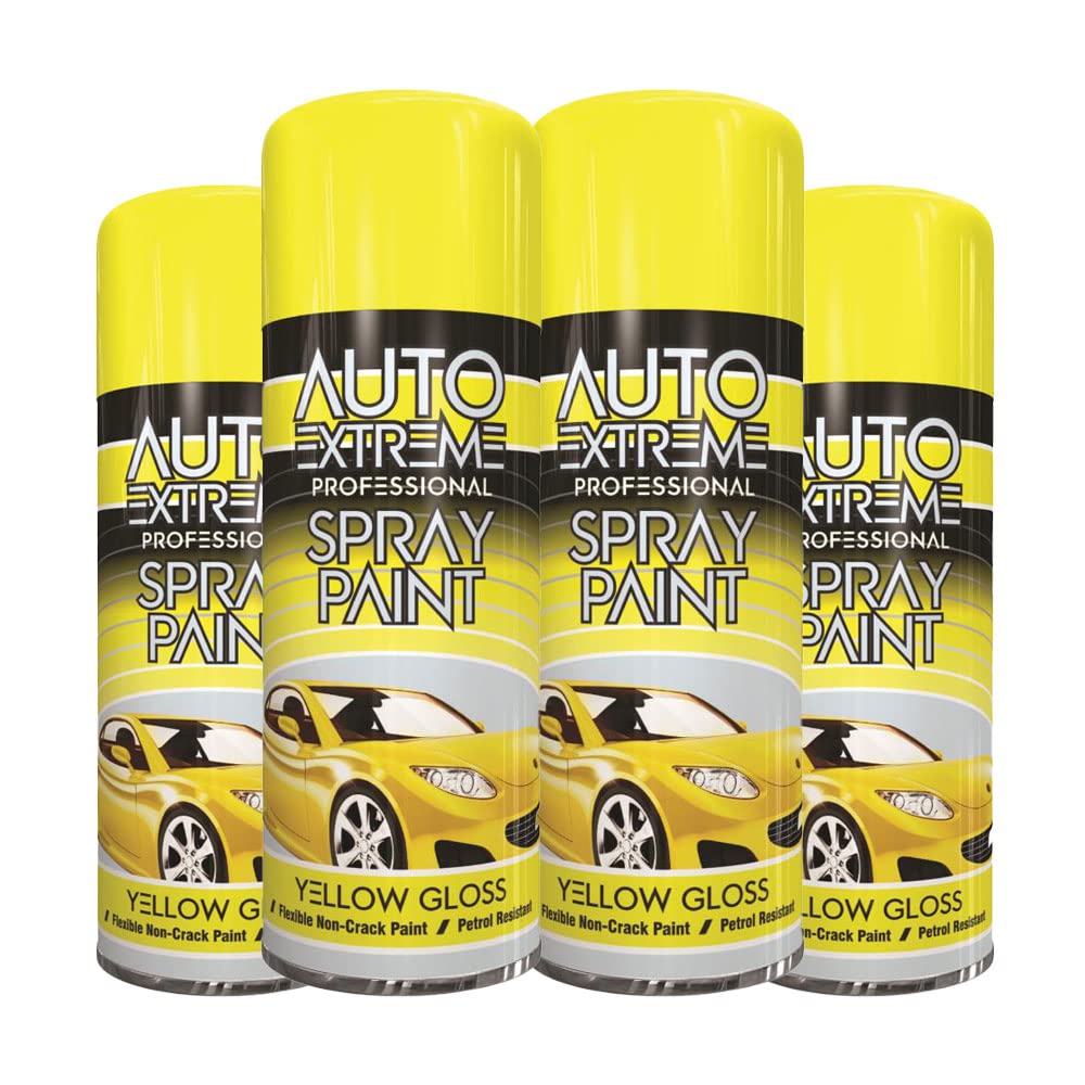 Classic Signature - 4 x Auto Extreme Yellow Gloss Spray Paint 400ml Professional Quality, Perfect Finish for Cars, Bikes,Vans, Metal, Wood