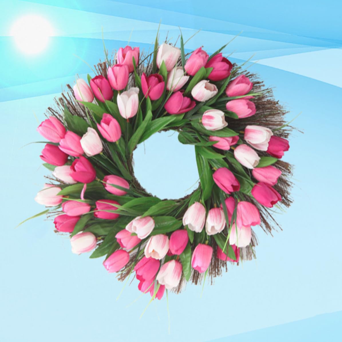 Beavorty Künstliche Blumenförmig Stoff aus Rattan Rosa und Tulpengirlande Leicht ohne Gießen Naturgetreu für Hochzeit und Outdoor Deko