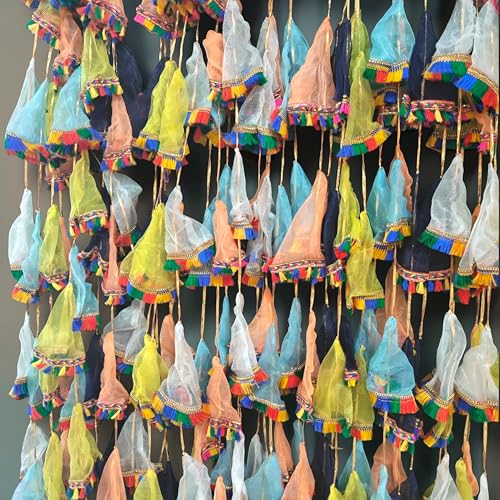 Image of iHandikart Pack of 10 Multicolor Gota Net Hangings with Vibrant Lace (4 Feet) - Traditional Indian Decoration Latkans for Haldi, Mehandi, Wedding Backdrop, & Festive Event Decor