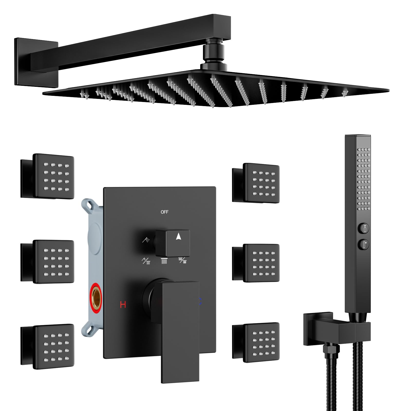 Matte Black Shower System with Body Jets, STARBATH 12 Inch Rainfall Shower and Handheld Spray, Wall Mounted Full Body Shower System Rough-in Mixer Pressure Balance Valve Shower Faucet Set Complete