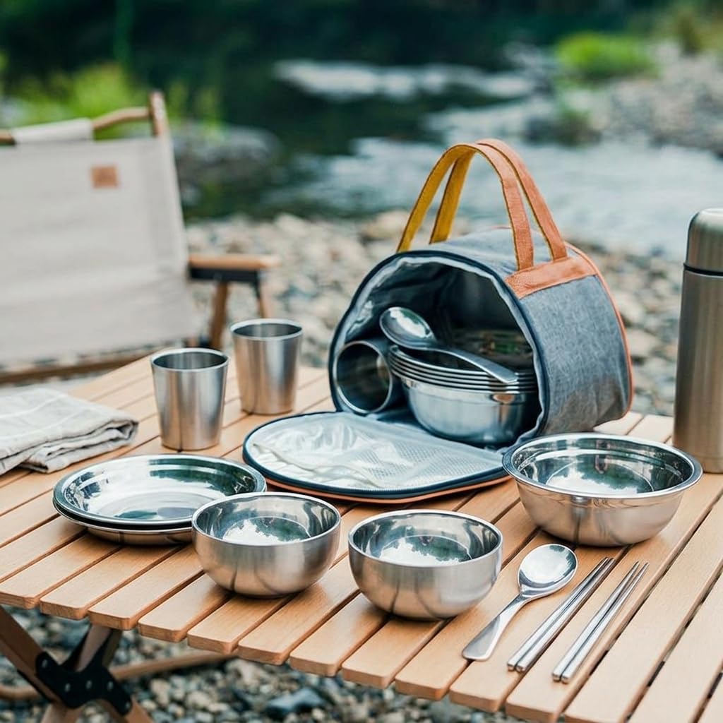 Camping Geschirr Set aus Elstahl, tragbares Outdoor Besteck Set für und Picknick, 11-teiliges Set aus Edelstahl